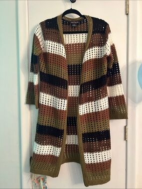 Striped Open-Front Crochet Cardigan — Olive, Brown & White